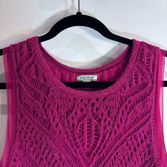 LUCKY BRAND Sz S Top Crochet Sheer Side Panels Crew Neck Longer Line Tank Top - Picture 2 of 8
